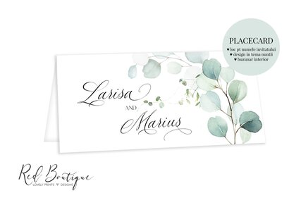 placecard cu scris romantic si frunze de eucalipt