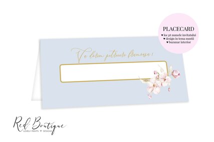 placecard albastru cu flori de cires roz