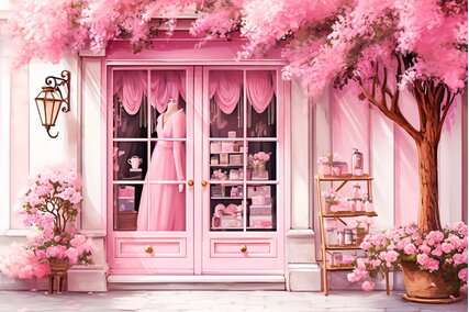 fundal foto cu casa roz de Barbie si rochii vaporoase roz