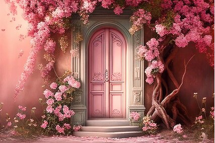 fundal foto pentru sedinte de maternitate si de cuplu cu usa roz si arcada de flori roz