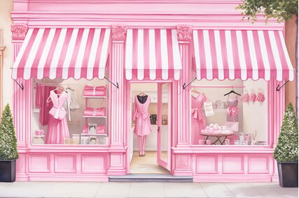 fundal foto cu vitrina unui magazin de rochii roz pentru sedinte foto copii cu tema papusa barbie