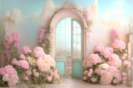 fundal foto cu usa in forma de arc si flori roz pentru sedinte foto in culori pastelate