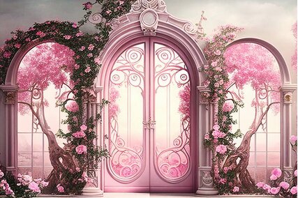 fundal cu usa roz si geamuri mari cu flori de cires si trandafiri roz pentru sedinte de primavara cu copii sau maternitate