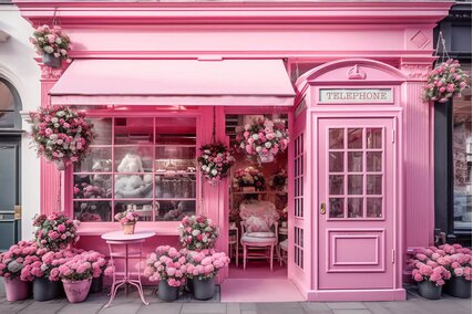 fundal foto cu tema Barbie cu cabina telefonica roz si florarie cu flori roz