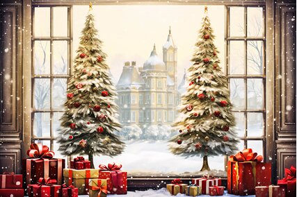 fundal foto cu un peisaj de iarna cu castel vazut printr-o fereastra eleganta si cadouri rosii pe jos