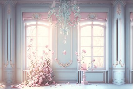 interiorul unei case elegante cu perete albastru deschis si geamuri mari cu draperii roz pastel