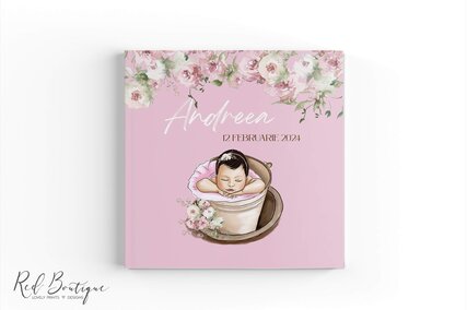 guest book roz pentru botez cu flori si fetita dormind