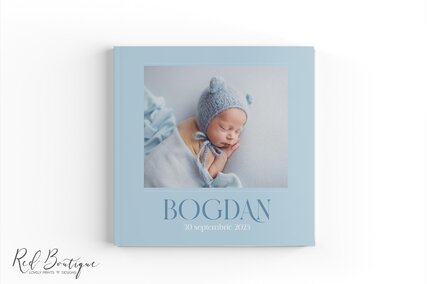 guestbook albastru cu poza bebelusului, carte de oaspeti pentru botez