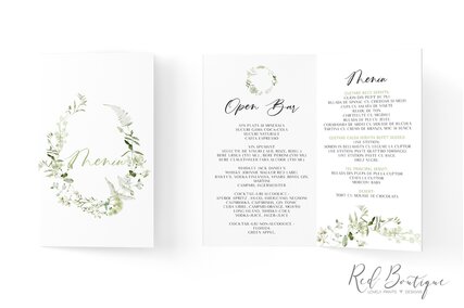 meniu cu ghirlanda de verdeata pentru nunti in stil greenery