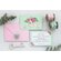 invitatie de nunta verde deschis cu flori si plic roz pastel