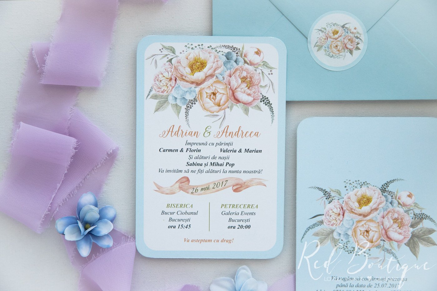 invitatie de nunta postcard cu albastru deschis si flori