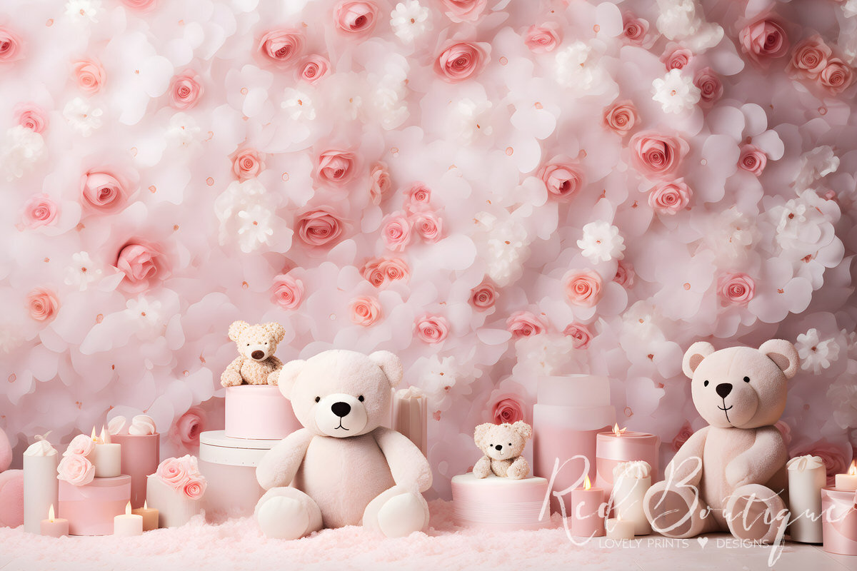 panou foto cu ursuleti roz si trandafiri pastelati pentru sedintele foto cu copii