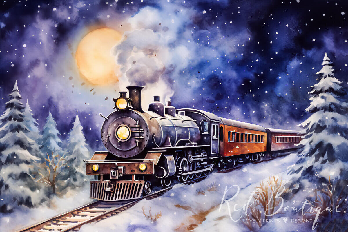 fundal foto cu trenul express polar si fum pentru sedinte foto de Craciun cu copii