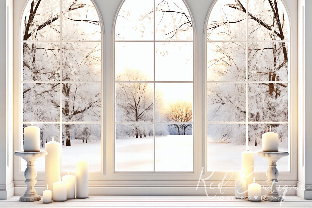 fundal cu apus de iarna vazuta prin ferestre albe decorate cu lumanari pentru sesiuni foto de Craciun