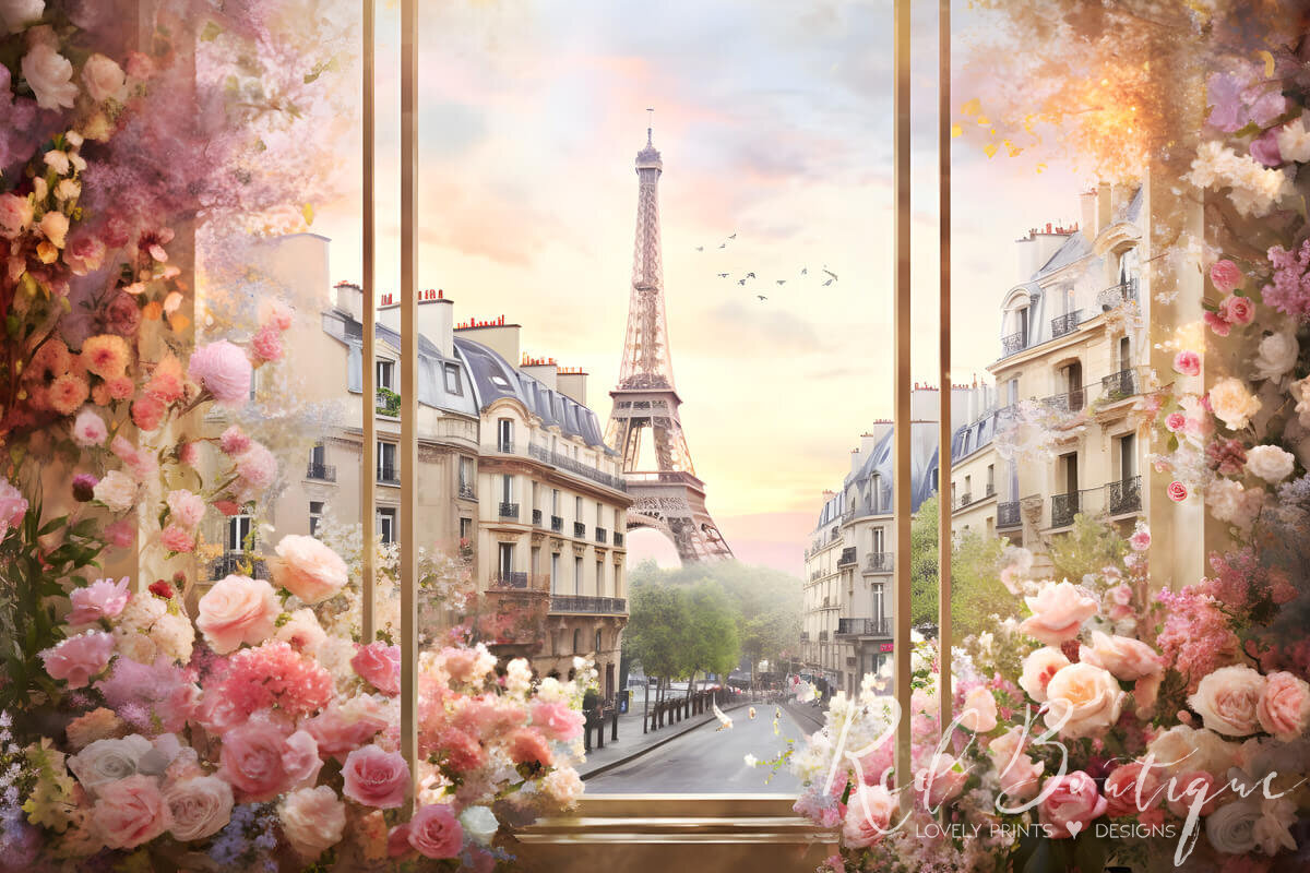 fundal foto cu fereastra inconjurata de flori si cladiri din Paris cu turnul Eiffel