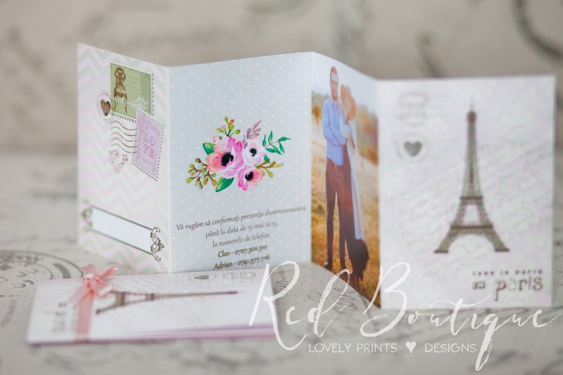 invitatie cu paris legata cu fundita roz de satin