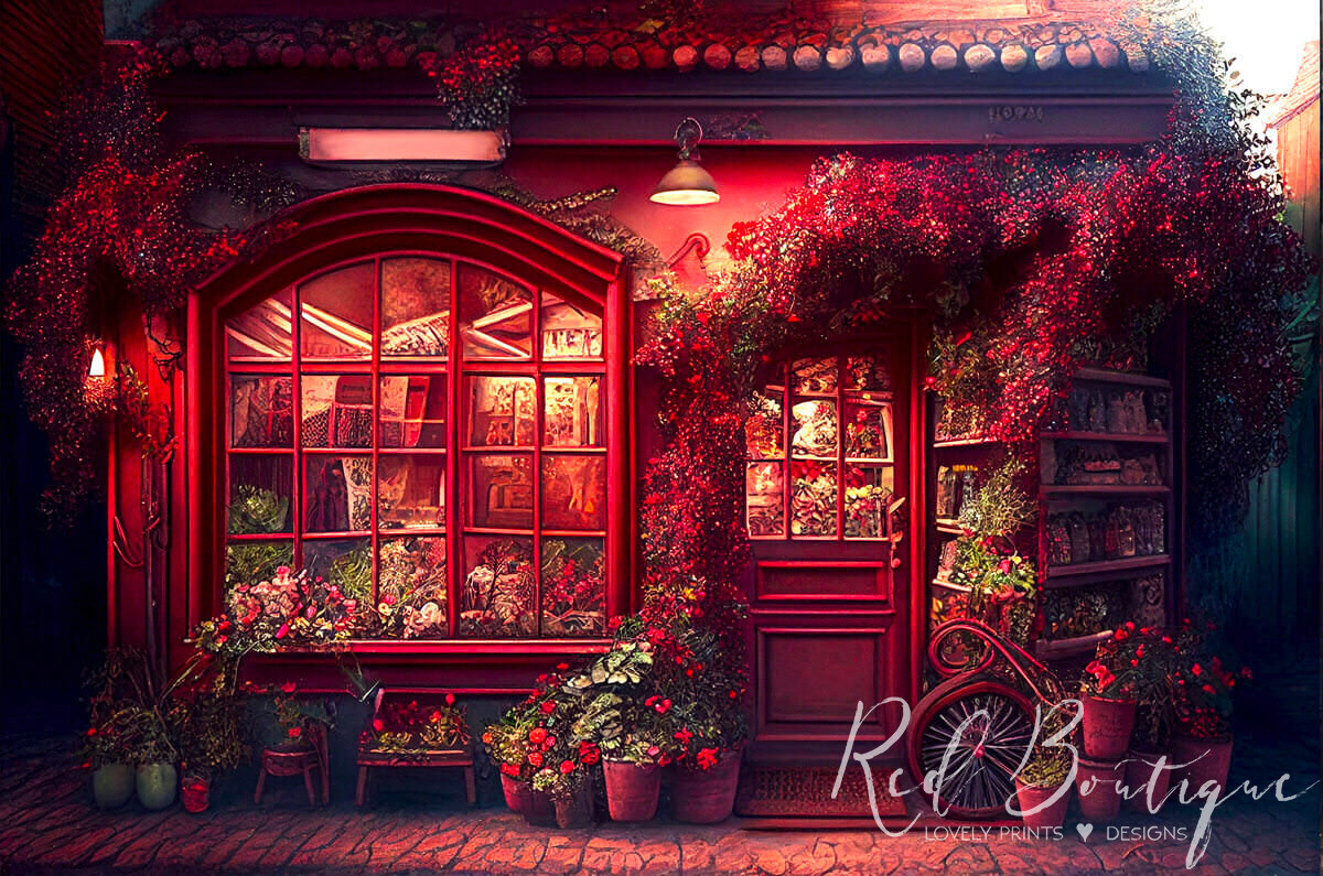 fundal foto cu usa rosie si geamuri mari cu flori pentru sedinte foto aniversare sau tematice