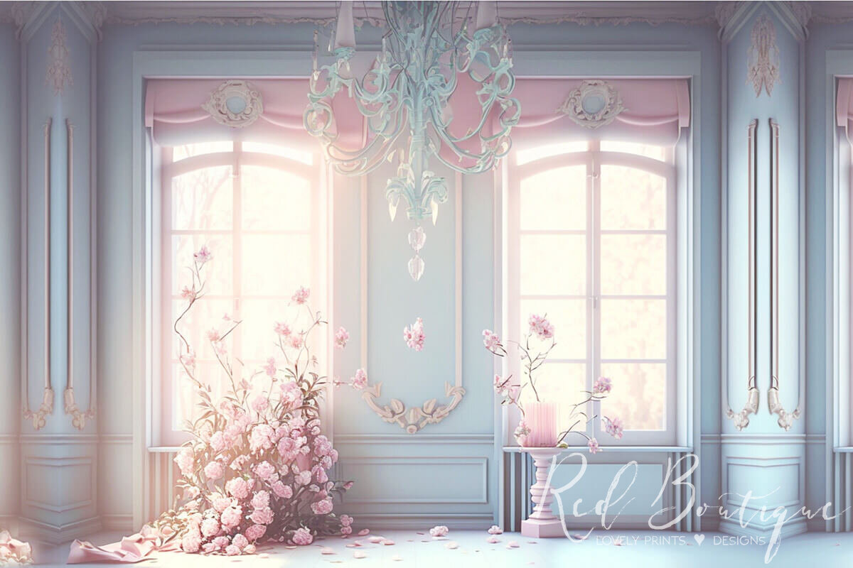 interiorul unei case elegante cu perete albastru deschis si geamuri mari cu draperii roz pastel