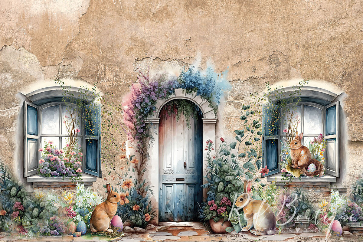 fundal foto pentru sedinte de Pasti cu copii si familie cu iepurasi si usa cu geamuri cu flori colorate